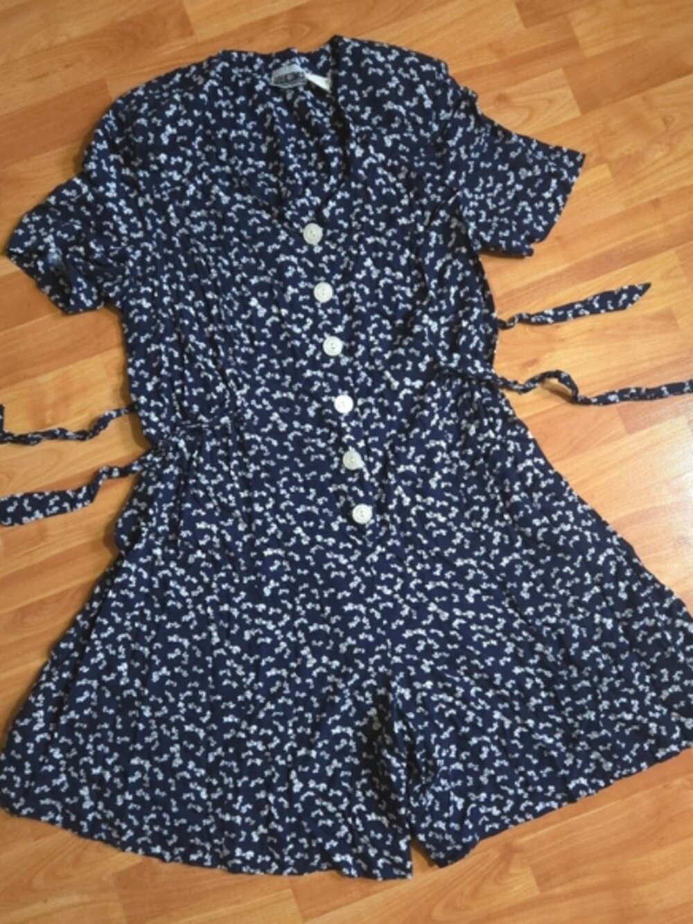 Vintage Great Times Maternity (?) Romper Navy/White Sz M Adjustable Tie Waist